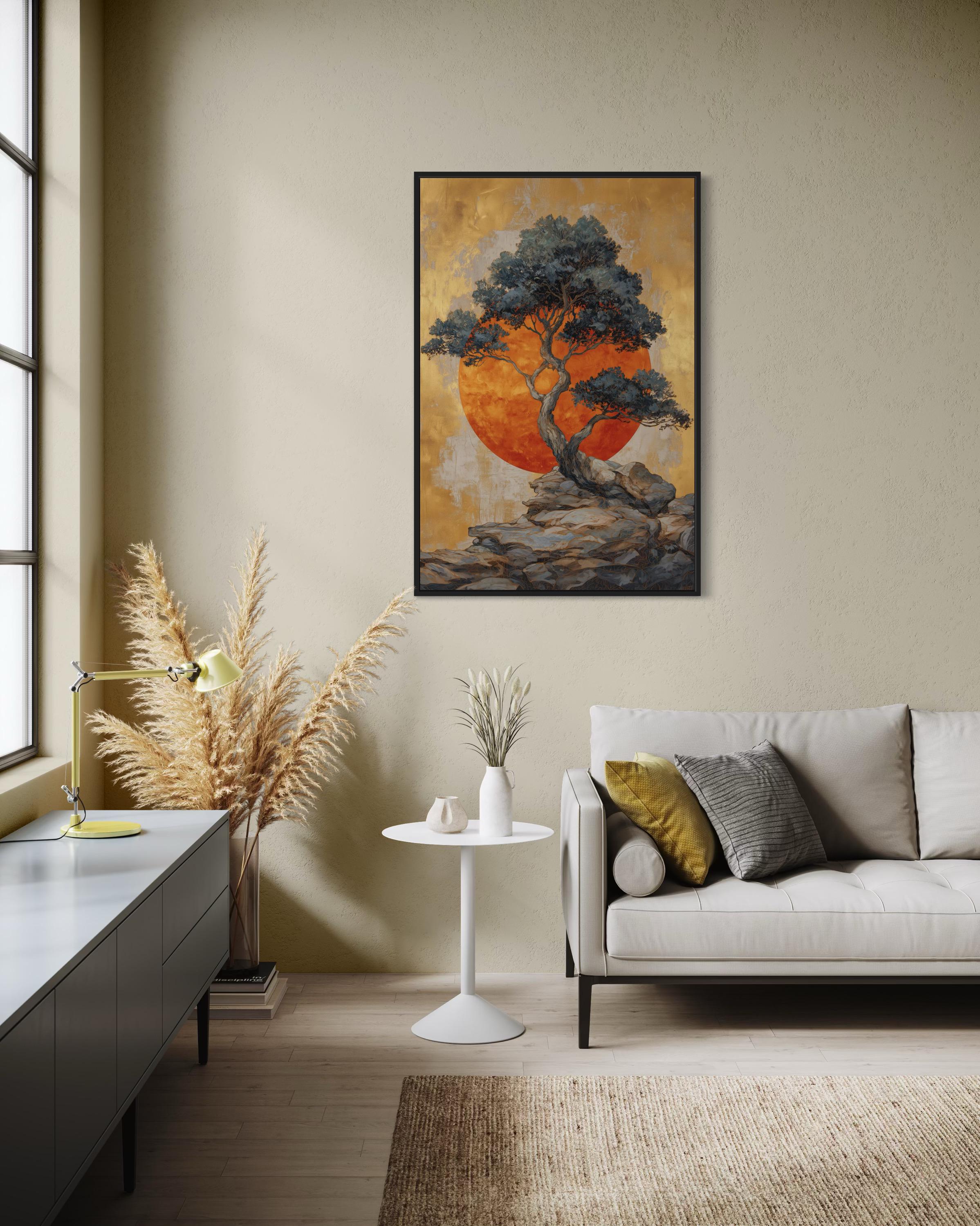 Japandi Tree Wall Art – Golden Sun Minimalist Print, Japanese ...