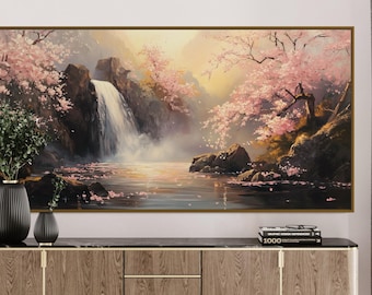 Cherry Blossom Waterfall Canvas – Serene Japanese Landscape, Tranquil Zen Wall Art, Soft Pink Floral Print for Living Room, Bedroom