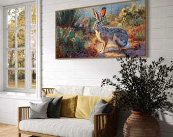 Cuadro decorativo de liebre del desierto: lámina de fauna del suroeste, pintura de flores de cactus, decoración rústica del oeste, obra de arte animal inspirada en la naturaleza.