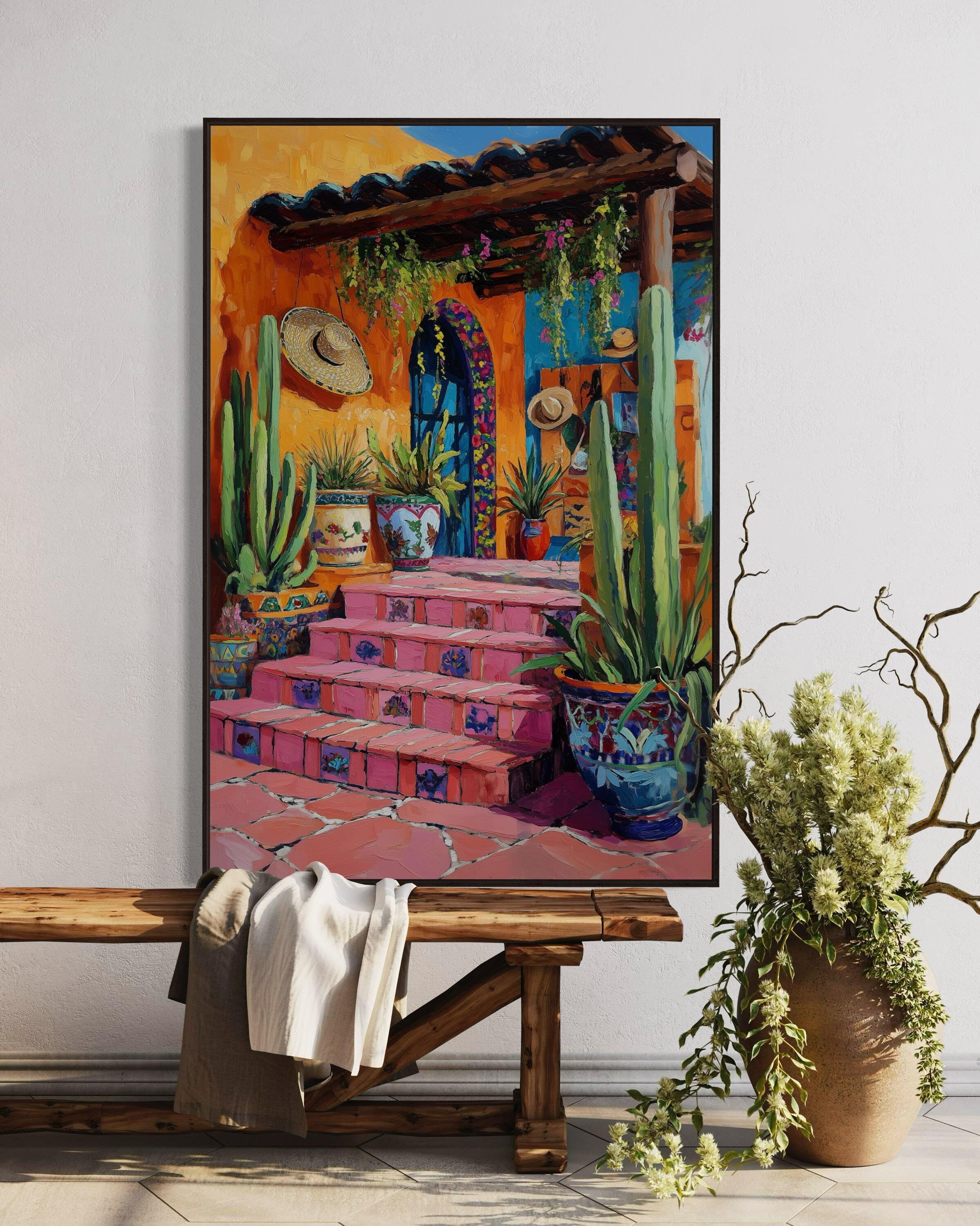 Mexican Courtyard Wall Art - Vibrant Boho Patio Canvas, Colorful Cactus Garden Print, Rustic Chic Home Decor for Artistic Living Room