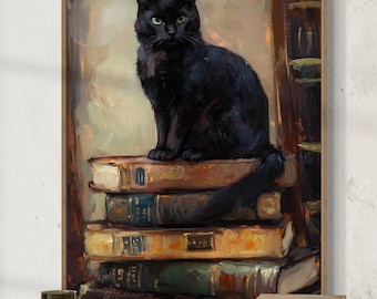 Black Cat and Books Canvas – Dark Academia Wall Art, Vintage Literary Cat Print, Cozy Gothic Home Decor for Library or Reading Nook