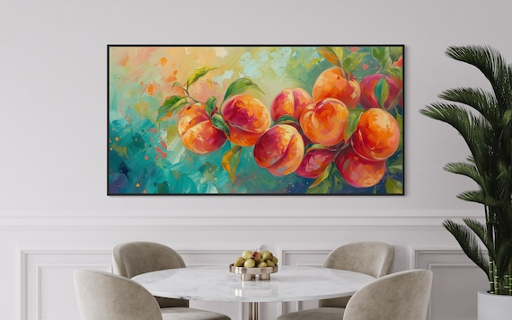 Just Peachy - Vibrant Peach Tree Fruit Painting Print, Colorful Nature Scene Art Print for Kitchen and Restaurant Wall Decor