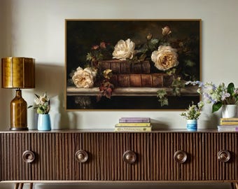 Vintage Books and Roses Wall Art – Dark Academia Floral Print, Romantic Still Life Painting, Antique Library Decor