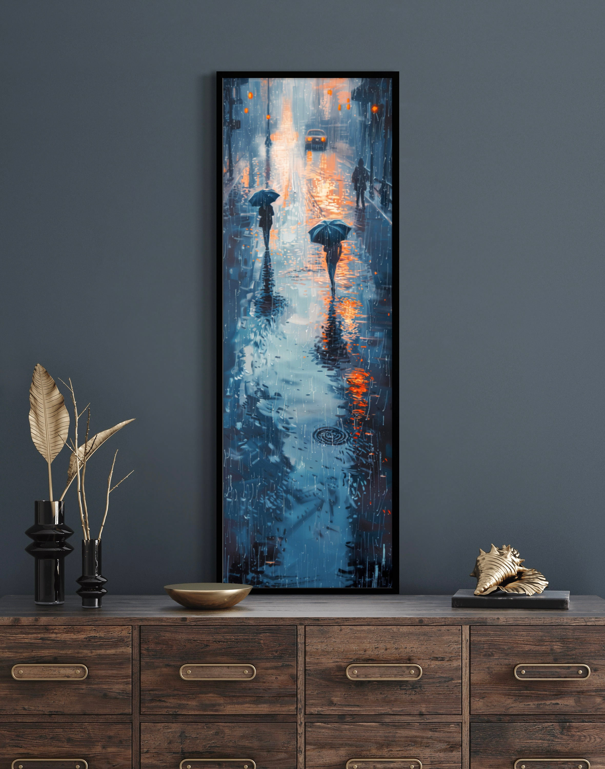 Rainy Cityscape - Vertical Urban Rain Wall Art Print, Narrow Wall