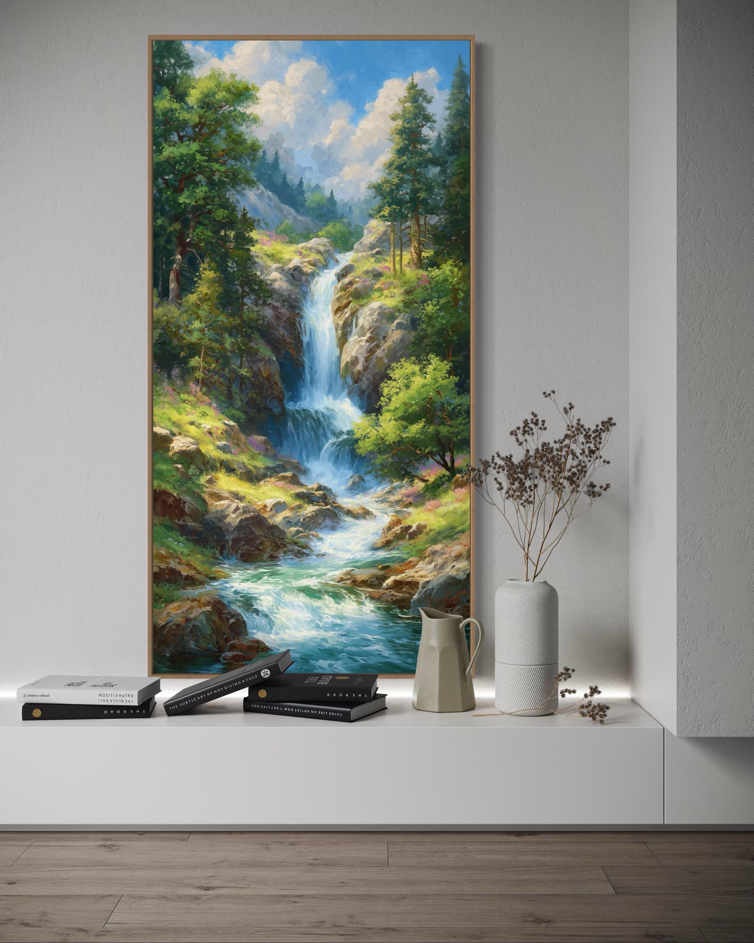 絵画 Mountain Waterfall Mountain Waterfall Art Print – Scenic Nature Wall Art, Lush Forest