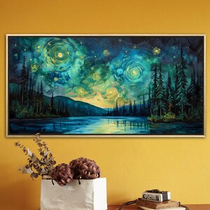 A breathtaking nightscape where swirls of luminescent green and yellow dance across the sky, mirroring on the tranquil lake below. Tall pines stand in silhouette against a Van Gogh-inspired celestial masterpiece.