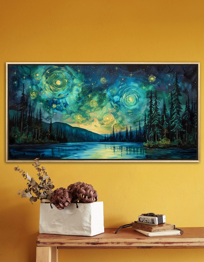 A breathtaking nightscape where swirls of luminescent green and yellow dance across the sky, mirroring on the tranquil lake below. Tall pines stand in silhouette against a Van Gogh-inspired celestial masterpiece.