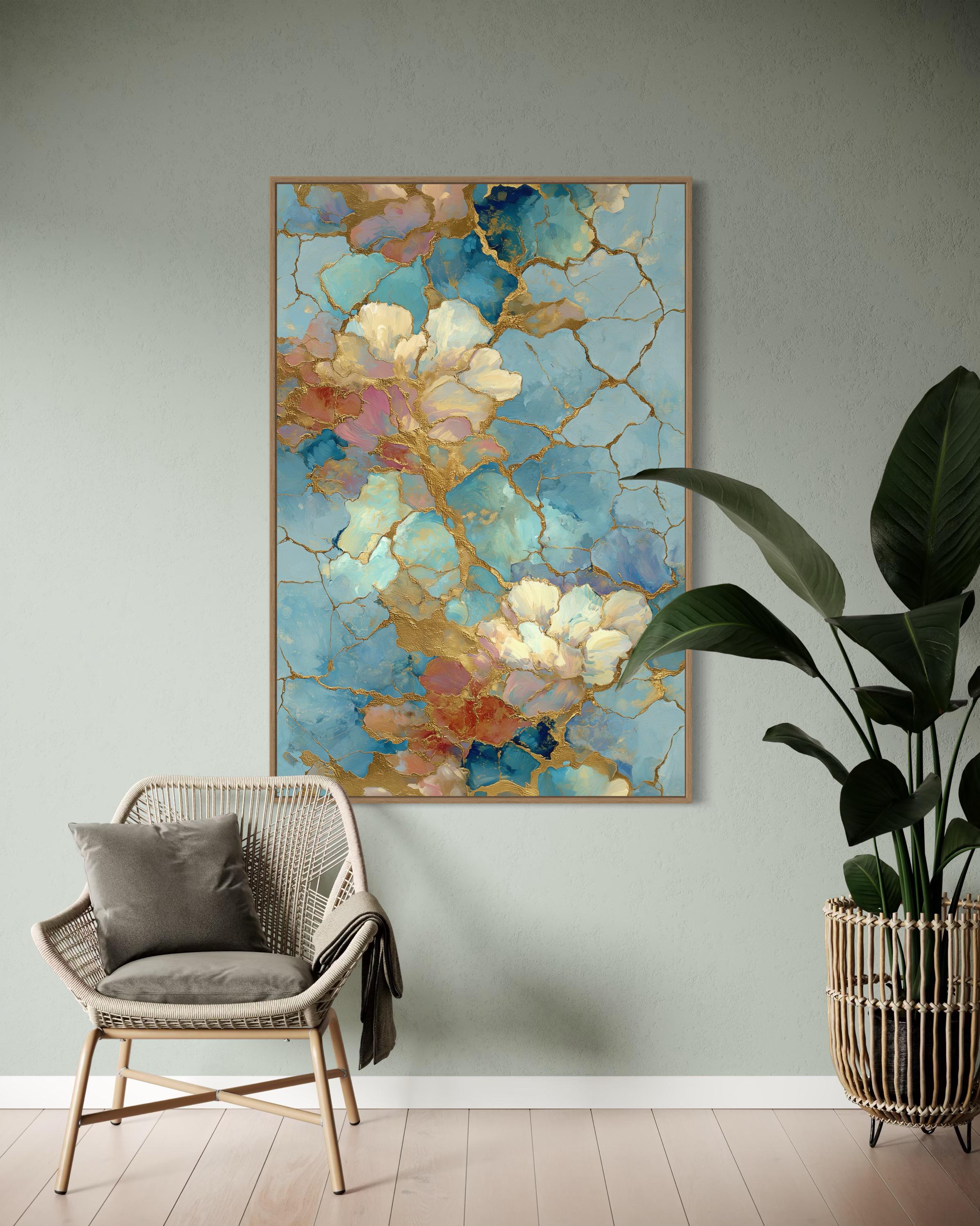 Kintsugi Floral Abstract Art Print – Blue and Gold Modern Wall Decor ...