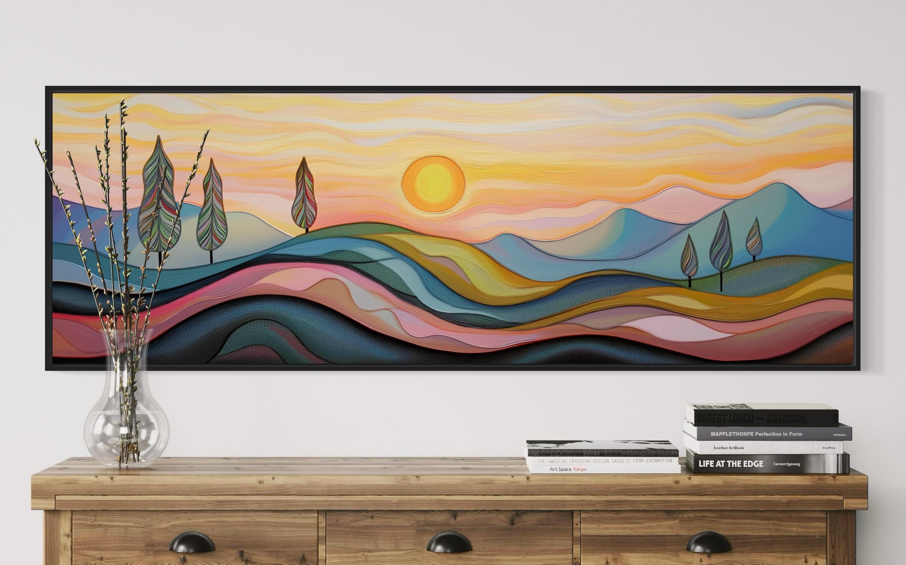 抽象的な風景画アートプリント - 鮮やかな日の出の壁アート、カラフル