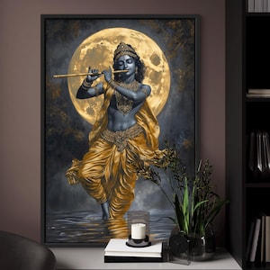 Meditative Lord Krishna with Flute - Spiritual Poster of Hindu God for Yoga Studio Decor and Zen Wall Art