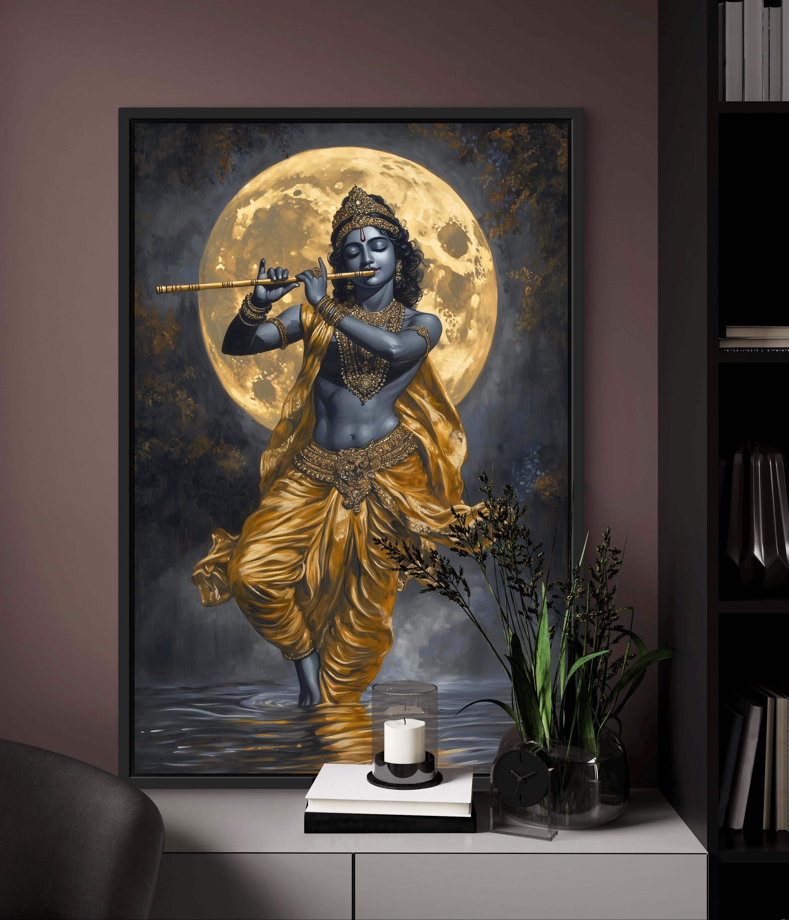 Meditative Lord Krishna With Flute - Spiritual Poster of Hindu God