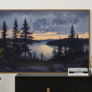 Twilight Lake Wall Art - Serene Sunset Over Pine Tree Silhouettes, Reflective Water Landscape Print for Rustic Lake House Decor