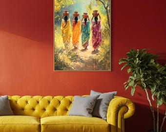 Indian Village Women Canvas – Vibrant Cultural Wall Art, Colorful Saree Print, Traditional India Print for Living Room or Bedroom