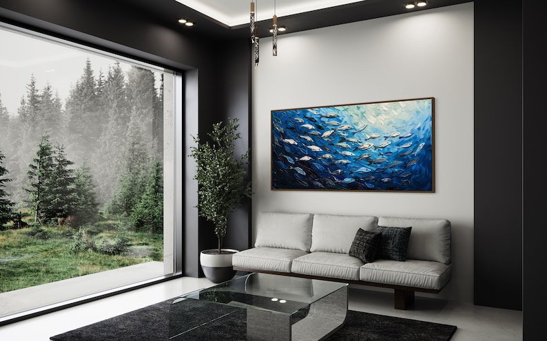 A dynamic school of fish swims in unison through the tranquil blue sea, their silvery scales reflecting light, depicted with thick, textured brushstrokes that give life and movement to this captivating marine scene.