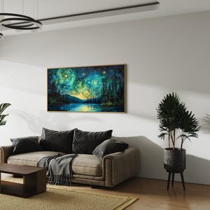 A breathtaking nightscape where swirls of luminescent green and yellow dance across the sky, mirroring on the tranquil lake below. Tall pines stand in silhouette against a Van Gogh-inspired celestial masterpiece.