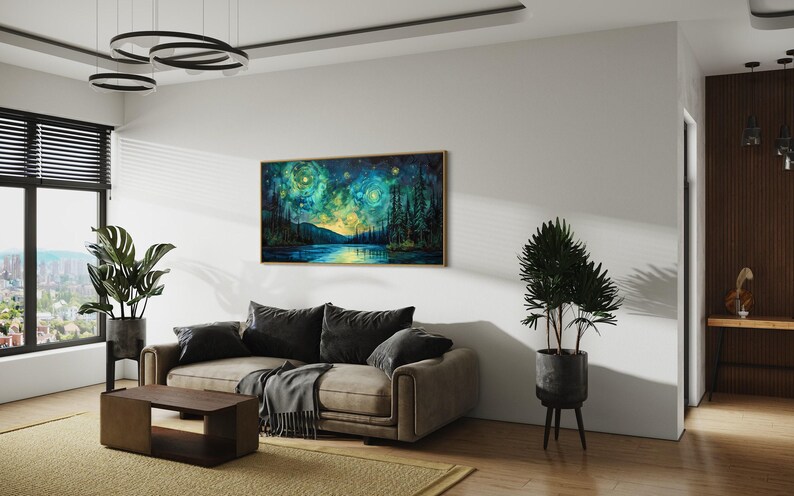A breathtaking nightscape where swirls of luminescent green and yellow dance across the sky, mirroring on the tranquil lake below. Tall pines stand in silhouette against a Van Gogh-inspired celestial masterpiece.