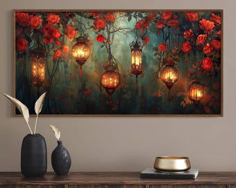 Luxury Garden Lanterns - Magical Garden and Enchanted Garden Panoramic Print for Romantic Above Bed Decor and Hallway Wall Art