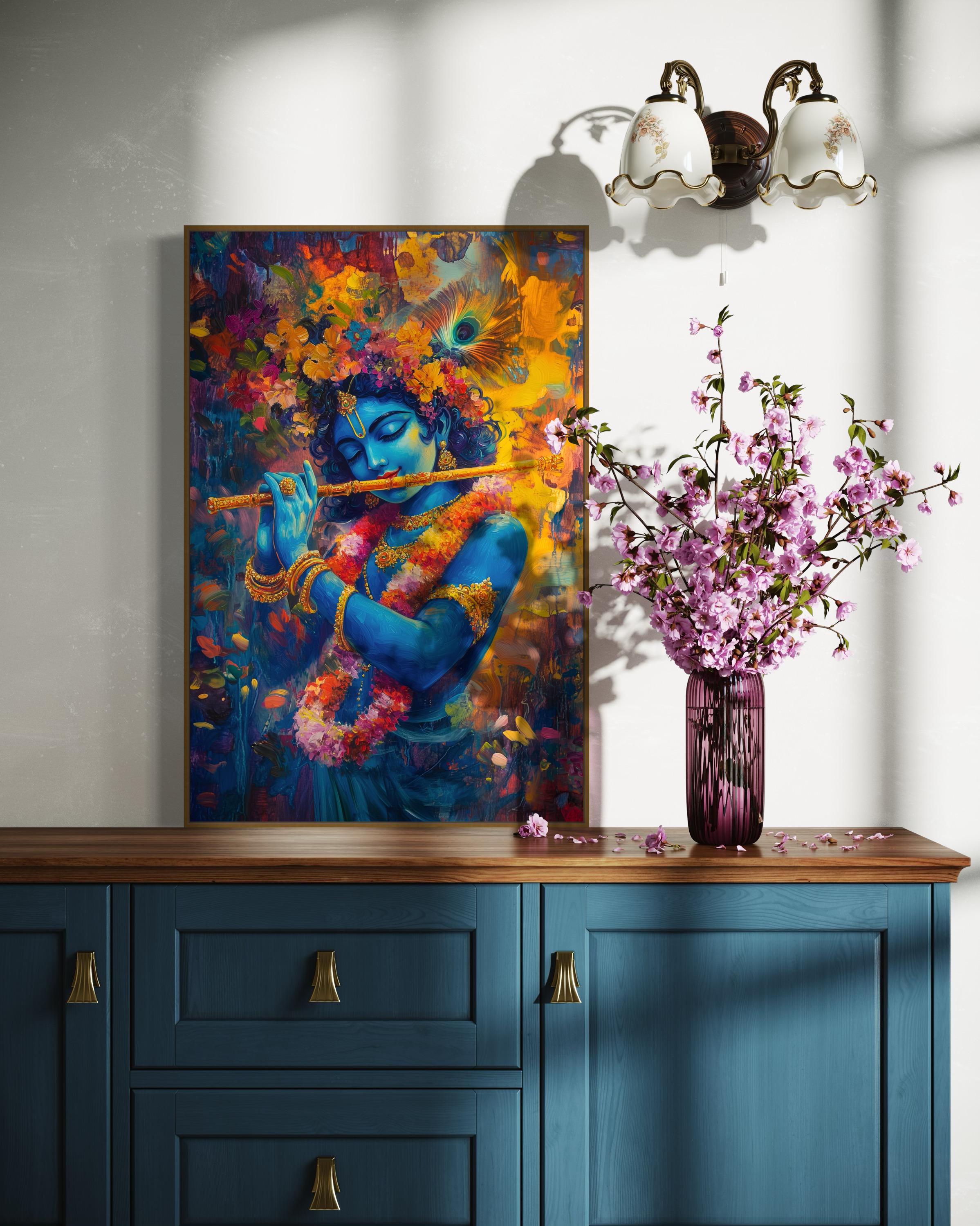 Wanddekoration „Lord Krishna With Cow“ Auf Samtstoff, 20x28 Zoll (ca. 51x71 Cm) – Ungerahmt, Indische Hindu-Kunst