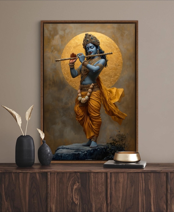 Meditative Lord Krishna with Flute - Spiritual Poster of Hindu God for Yoga Studio Decor and Zen Wall Art