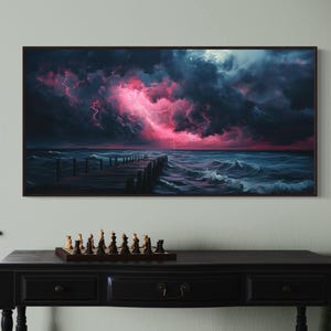 This dramatic storm canvas captures a dark ocean scene with a striking pink lightning sky over a wooden pier. The moody waves and vibrant storm clouds create a bold statement piece. Perfect for lovers of dramatic nature art, coastal décor.