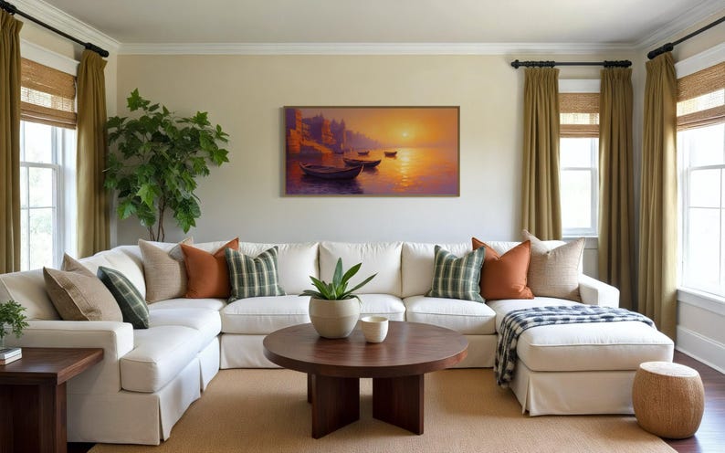 This breathtaking canvas print captures the beauty of the Ganges River at sunrise. The golden light reflects off the calm water, creating a peaceful and spiritual scene. This artwork brings a sense of tranquility and cultural richness to any space.