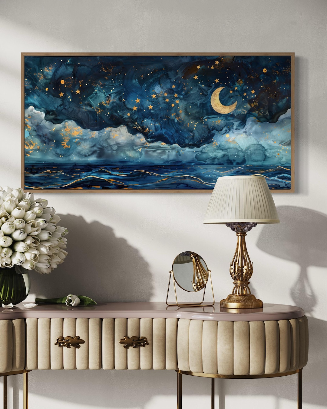 Dreamy Celestial Ocean Art - Starry Night and Crescent Moon Panoramic ...