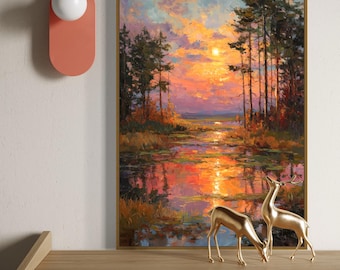 Sunset Forest Wall Art Print – Misty Woodland Painting, Nature Landscape Decor, Moody Tree Art, Rustic Cabin Aesthetic Wall Print