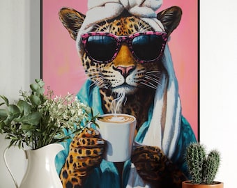 Chic Leopard Coffee Art Print – Funny Animal Wall Decor, Spa Leopard in Sunglasses, Bold Pink Jungle Glam Poster for Sassy Coffee Lovers