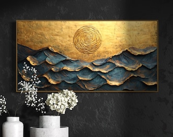 Ocean Waves Canvas Print - Abstract Gold and Navy Blue Wall Art