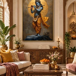 Immerse yourself in divine grace with this exquisite art piece of Lord Krishna playing the flute. The vibrant colors and intricate details make it a captivating addition to any spiritual or cultural space.