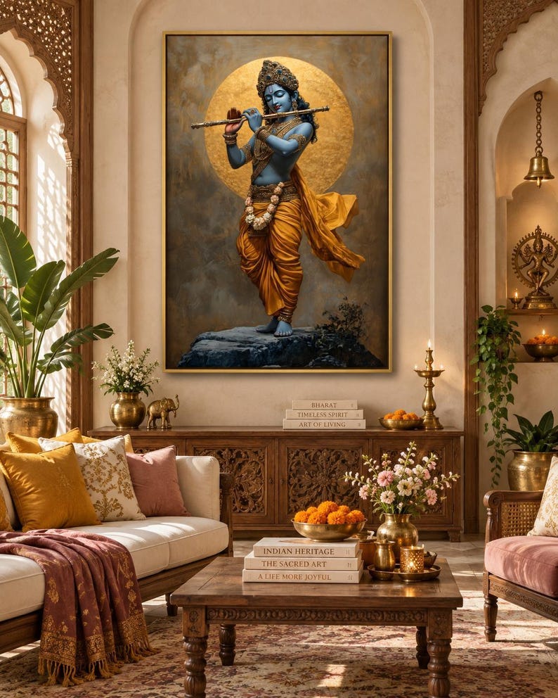 Immerse yourself in divine grace with this exquisite art piece of Lord Krishna playing the flute. The vibrant colors and intricate details make it a captivating addition to any spiritual or cultural space.