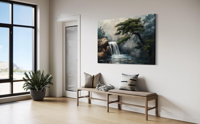 This canvas print beautifully portrays a serene Japanese garden with a cascading waterfall and majestic pine trees, encapsulating the essence of tranquility and the enduring beauty of nature. Perfect for creating a peaceful retreat in your space.