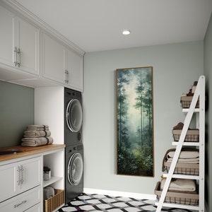 This serene painting depicts a misty forest with tall trees and delicate wildflowers. The soft, muted colors and ethereal atmosphere create a sense of tranquility, perfect for adding a touch of nature and calm to any space.