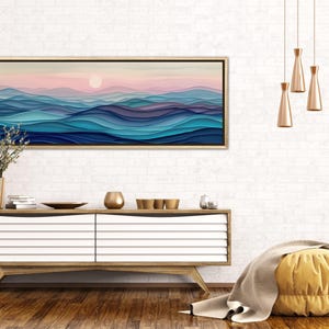 Stylized waves in soothing dusk hues, where serene blues meld into soft pinks, encapsulating the peaceful embrace of the evening by the sea.