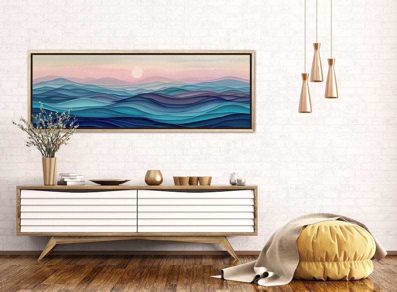 Stylized waves in soothing dusk hues, where serene blues meld into soft pinks, encapsulating the peaceful embrace of the evening by the sea.