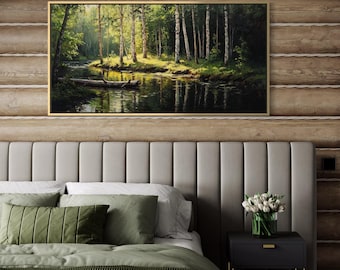 Sunlit Birch Forest Stream Wall Art – Peaceful Woodland Landscape Nature Print