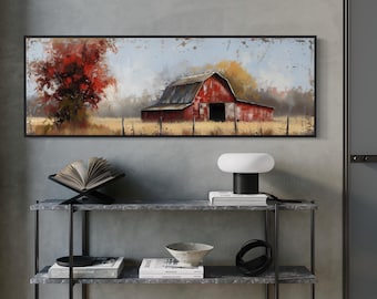 Moody Red Barn Panorama - Long Narrow Wall Art for Above Bed Decor, Rustic Charm and Atmospheric Farm Painting Print
