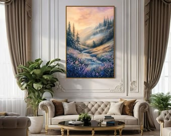 Mountain Valley Landscape Art - Colorful Sunrise Painting PRINT with Wildflowers, Perfect Wall Art for a Soothing Atmosphere
