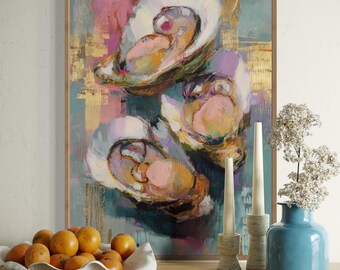 Abstract Oyster Art Print – Coastal Kitchen Wall Decor, Bold Seafood Canvas, Modern Pink & Gold Shell Painting