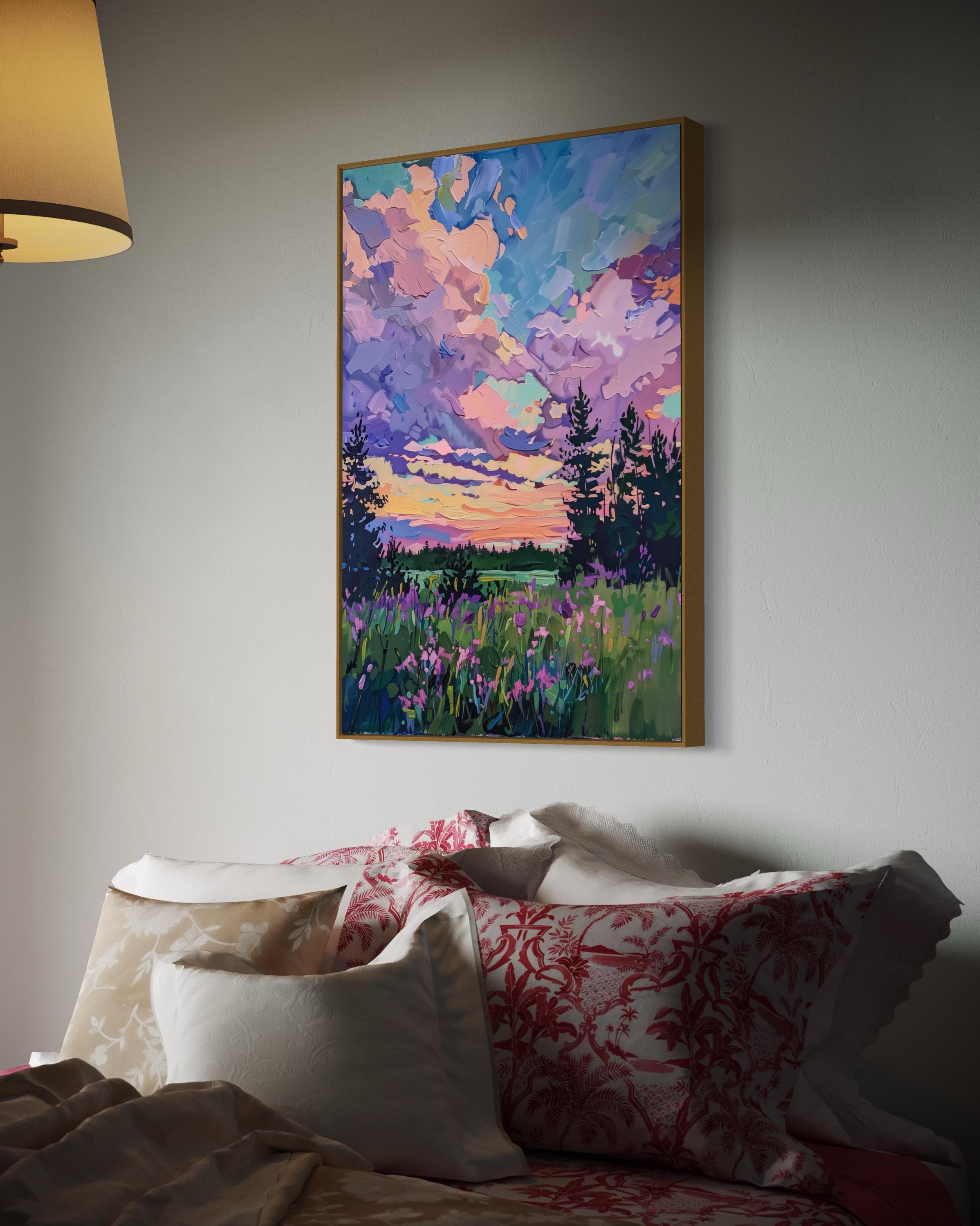 Tableau Vintage Fleurs & Coucher De Soleil - Impression Sur Toile - Art Mural Fait Main