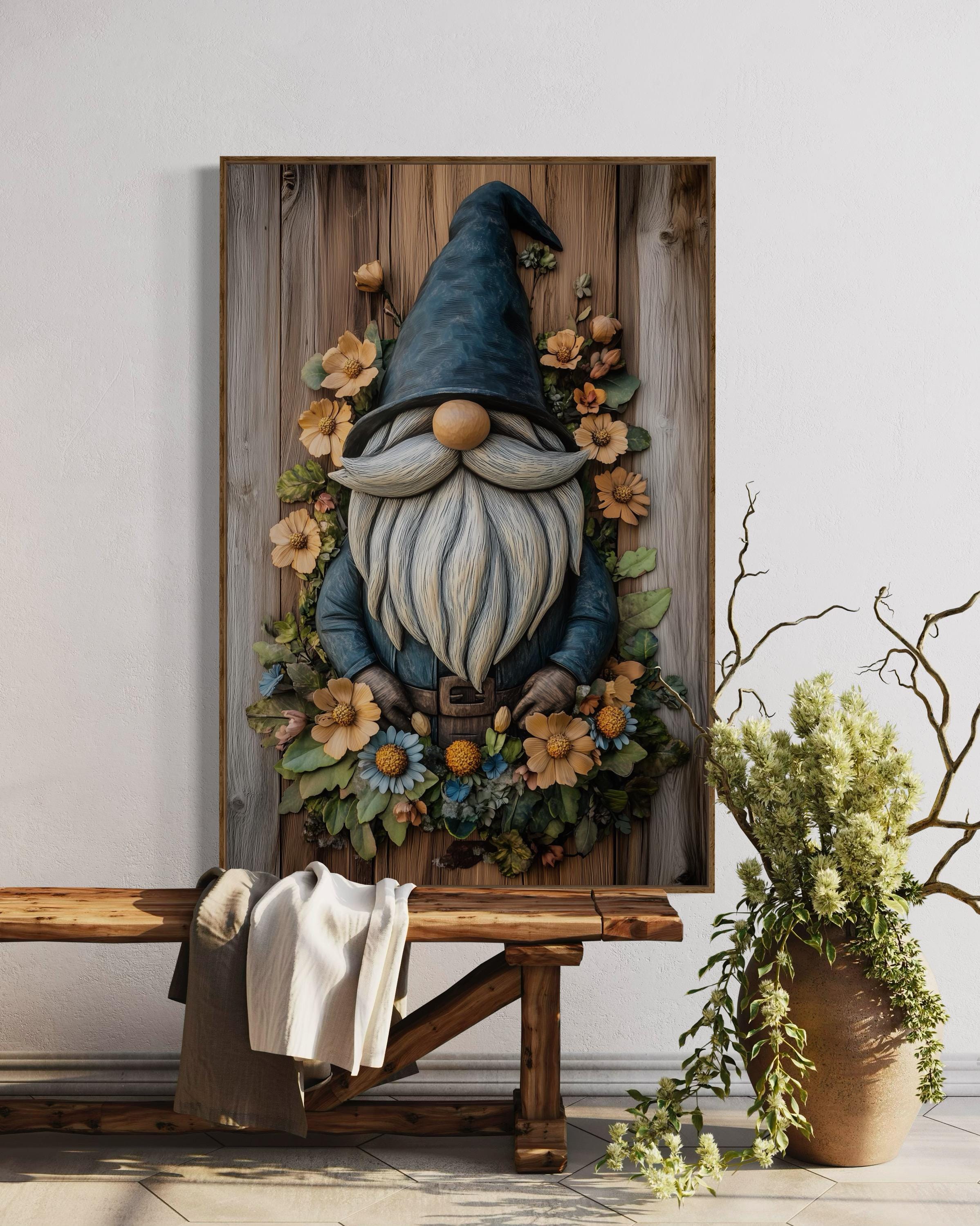 Whimsical Garden Gnome Wall Art Print - Rustic Wood Gnome Decor