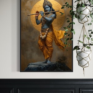 Immerse yourself in divine grace with this exquisite art piece of Lord Krishna playing the flute. The vibrant colors and intricate details make it a captivating addition to any spiritual or cultural space.