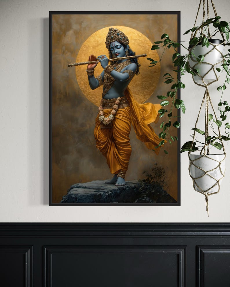 Immerse yourself in divine grace with this exquisite art piece of Lord Krishna playing the flute. The vibrant colors and intricate details make it a captivating addition to any spiritual or cultural space.