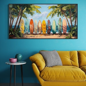 Tropical Surfboard Beach Art Print – Colorful Coastal Wall Decor, Summer Surf Vibes, Palm Tree Ocean Painting Print, Beach House Artwork