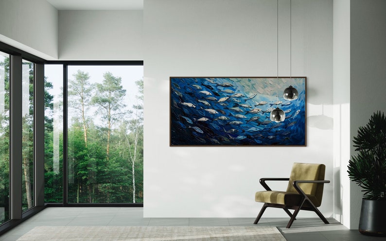 A dynamic school of fish swims in unison through the tranquil blue sea, their silvery scales reflecting light, depicted with thick, textured brushstrokes that give life and movement to this captivating marine scene.