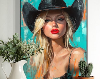 Lienzo de vaquera atrevida: retrato moderno del Oeste, arte rústico glamuroso de rodeo, lámina campestre chic para sala de estar, dormitorio o encima de la chimenea.