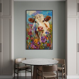 Whimsical Bovine Beauty - A lively painting of a cow among a splash of colourful wildflowers, rendered in a playful, impressionistic style.