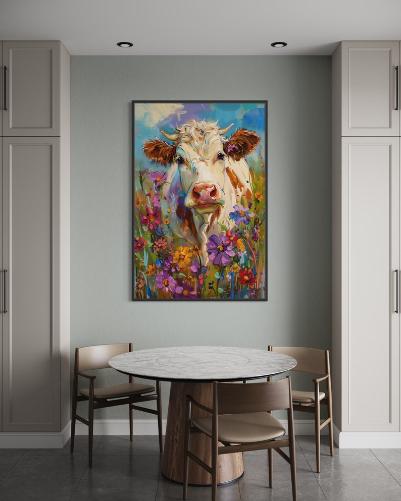 Whimsical Bovine Beauty - A lively painting of a cow among a splash of colourful wildflowers, rendered in a playful, impressionistic style.