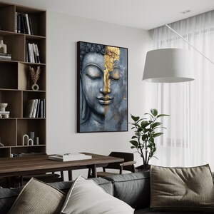 Modern Buddha Face Wall Art – Zen Gold and Gray Canvas or Poster ...