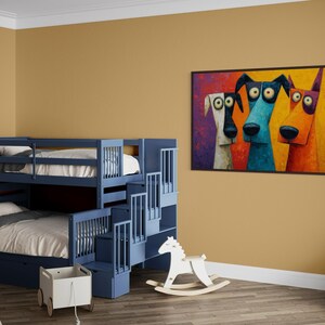 Colorful modern dog art print featuring three quirky cartoon-style dogs with big round eyes and long snouts. Vibrant palette of orange, teal, yellow, purple, and cream creates a fun pop-art look. A playful wall decor piece perfect for kids’ rooms, dog lovers, funky living rooms, vet offices, or eclectic gallery walls. (Print only, no texture.)